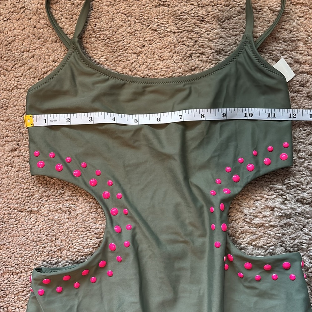 NWT Aerie Green Cut Out Full Coverage One Piece Swimsuit w/ Pink Accents Size S - Picture 9 of 10